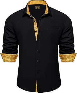 Barry.Wang Mens Long Sleeve Shirt Casual Business | Contrast Paisley Inner Cuff Collar,Button Down,Regular Fit,Wrinkle Free,Stretchable,Untucked Tops with Pocket,Formal,Wedding