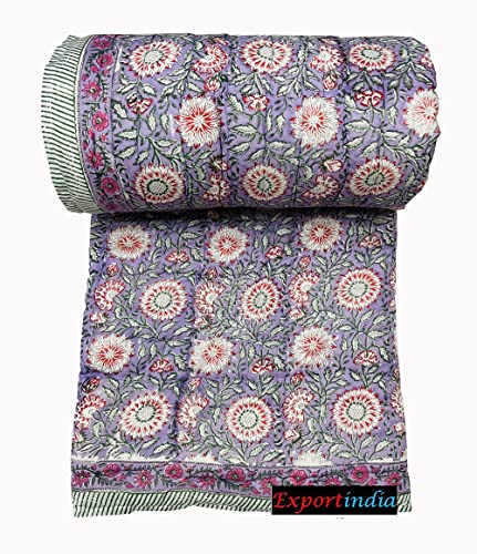 Exportindia Hand Block Print Indian Handmade Queen Size Light Weight in Side Doctor Cotton Razai Quilt Throw Coverlet Blanket Printed (California King US Size 108x108 Inch)