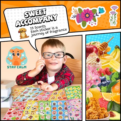 HORIECHALY Smelly Stickers for Kids, 60 Sheets Scented Stickers Scratch and Sniff 900+ with 7 Themes, 15 Scents Funny Fruit & Food Pattern for Teacher Classroom, Cute Reward for Elementary, Students.