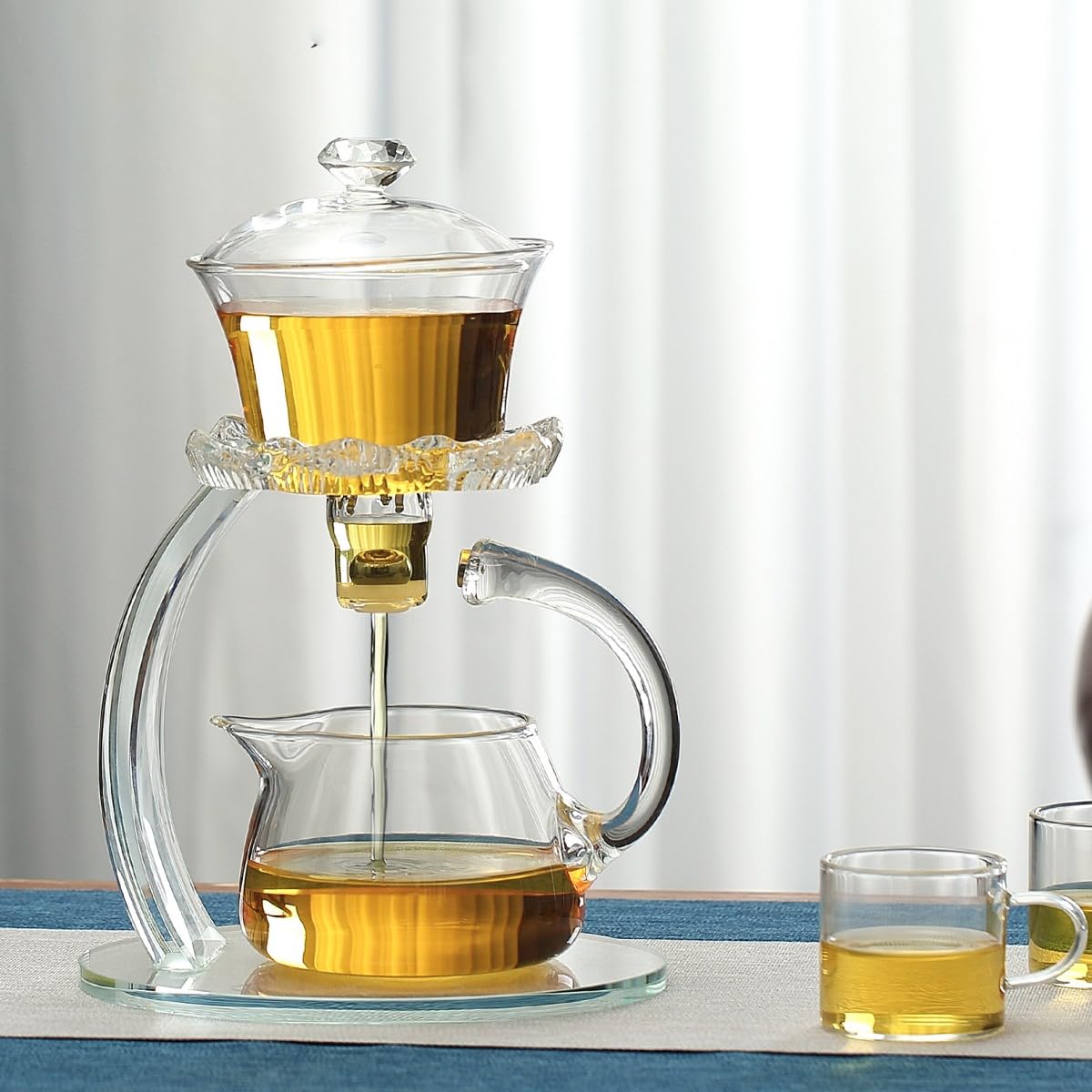 Półautomatyczny szklany czajniczek, Lazy Kungfu Drip Teapot z zaparzaczem, wzór kwiatu lotosu, żaroodporny szklany zestaw do herbaty, odpowiedni do recepcji domowej/biurowej (przezroczysty,