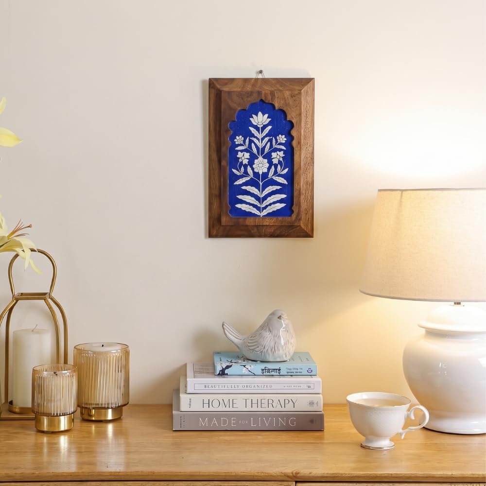 Mirai woods Vayana Jharokha Hand-Painted Blue Pottery Wall Art | Sheesham Wood Frame | Blue Floral Mughal Motif | 8 × 12 Inch-image-26