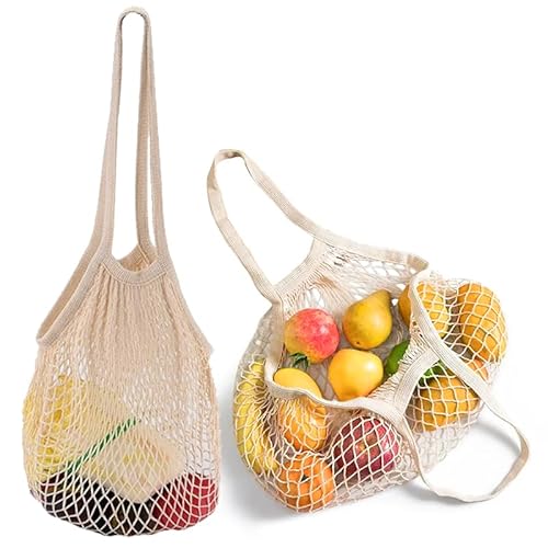 BRITECO 2Pcs String Bag – Reusable Mesh Produce Bags, Eco-Friendly Net Bags for Fruits & Vegetables, Lightweight and Washable Grocery Shopping Bags
