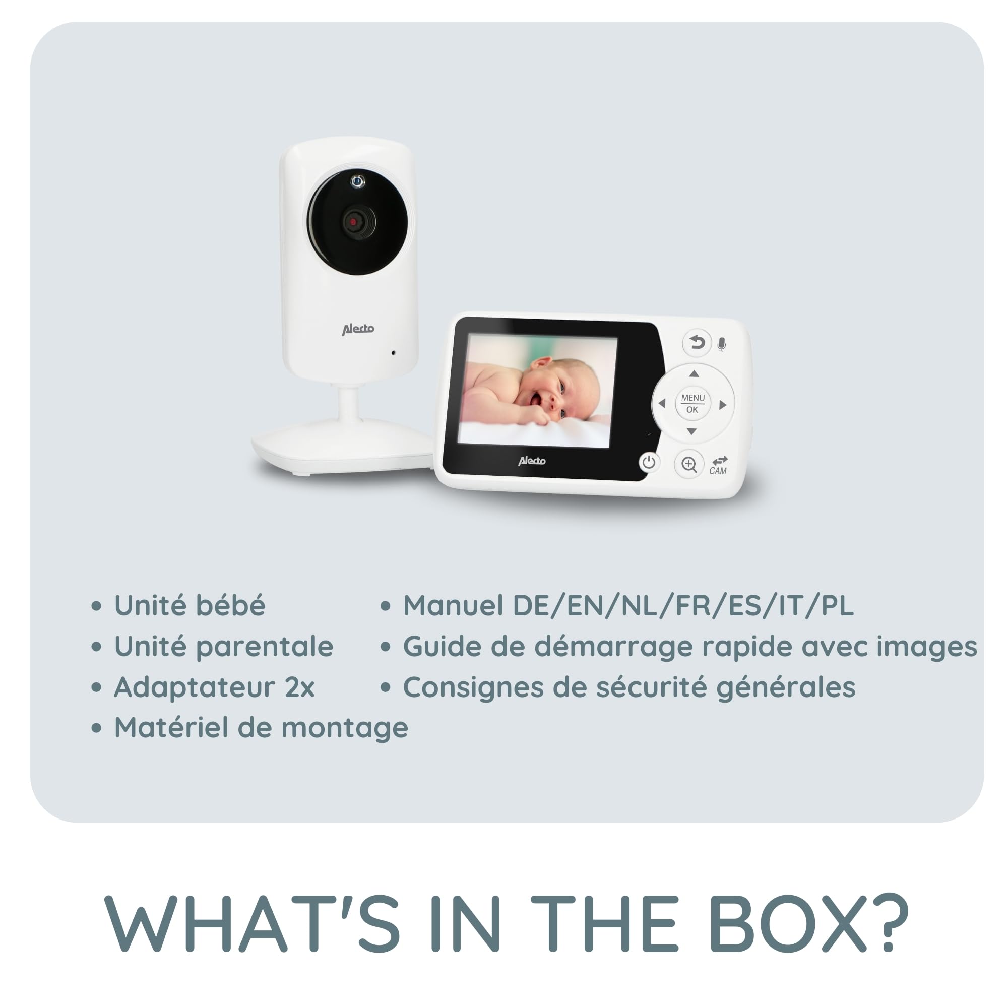 Alecto DVM-64 Babyphone vidéo - moniteur avec caméra et écran 2,4", audio bidirectionnel, vision nocturne, thermomètre intégré, extensible jusqu’à 4 caméras, connexion sécurisée