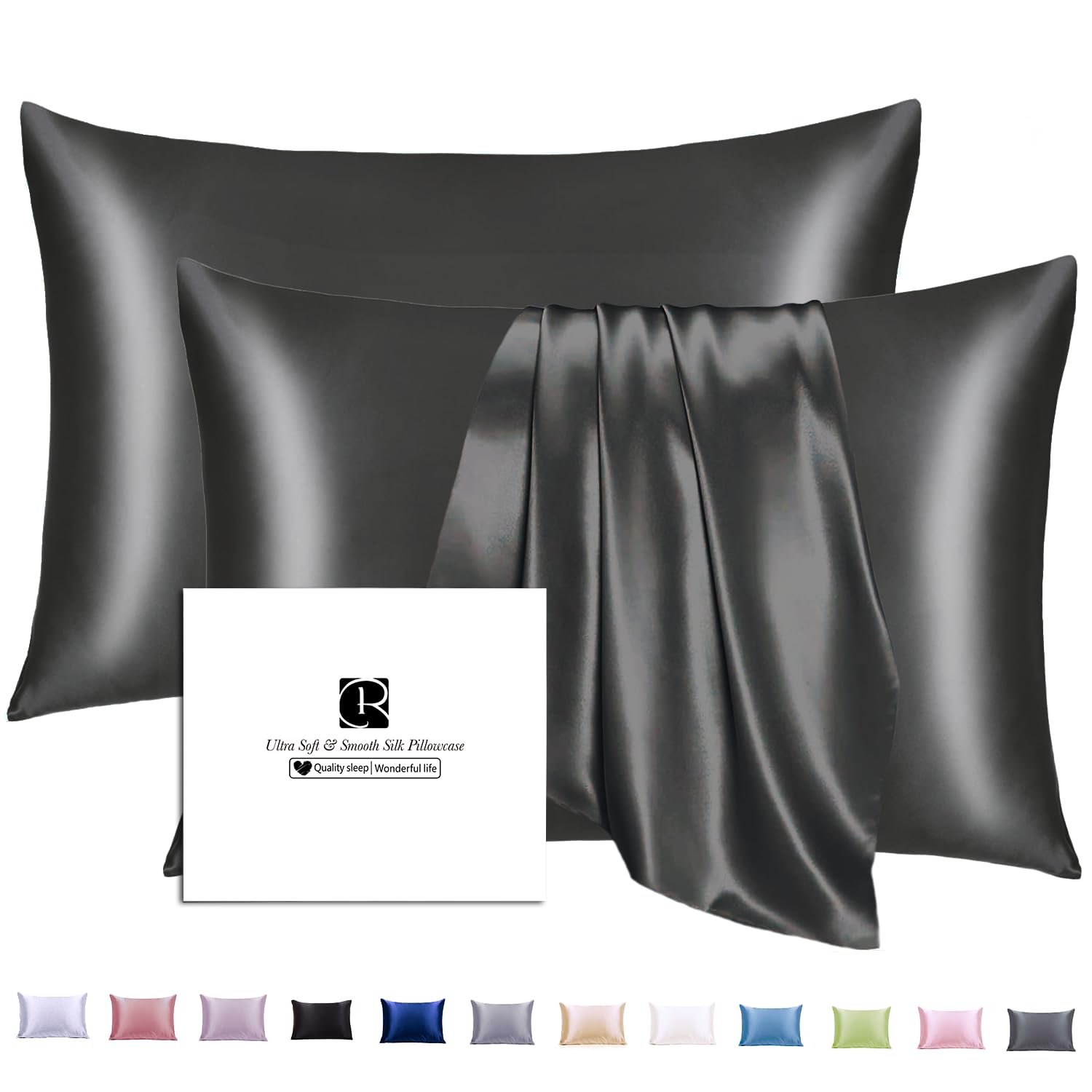 Ravmix Silk Pillowcases for Hair and Skin 21Momme Both Sides Mulberry Silk Pillow Cases with Hidden Zipper, 2 Pack, 50×66CM, Black — image 1