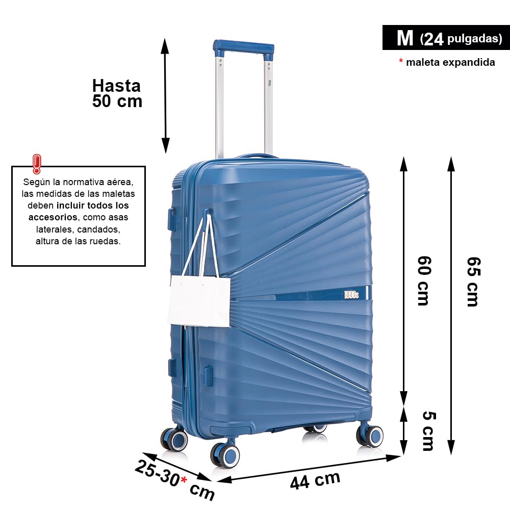 1990s Maleta Mediana expandible Polipropileno 65cm para 23kg (79L)| Maleta semirigida Extensible con 4 Ruedas Giratorias y Candado Incrustada (AzulMarino)