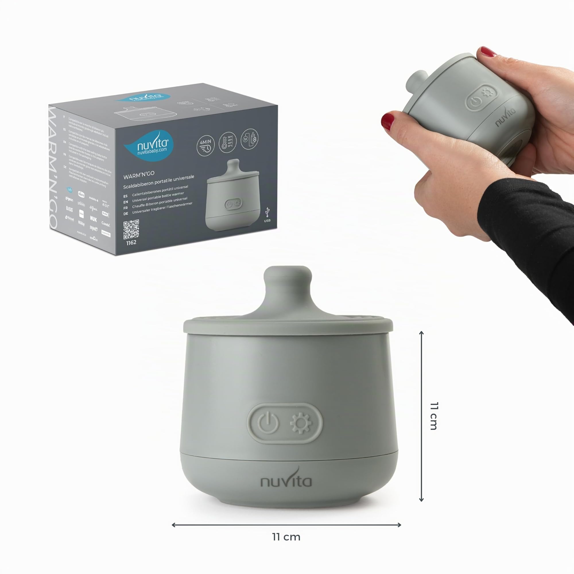 Nuvita 1162 Calientabiberones portátil universal Warm'n'Go con USB - Calentamiento rápido, 4 ajustes de temperatura, fácil de transportar con cierre hermético, calienta hasta 8 biberones