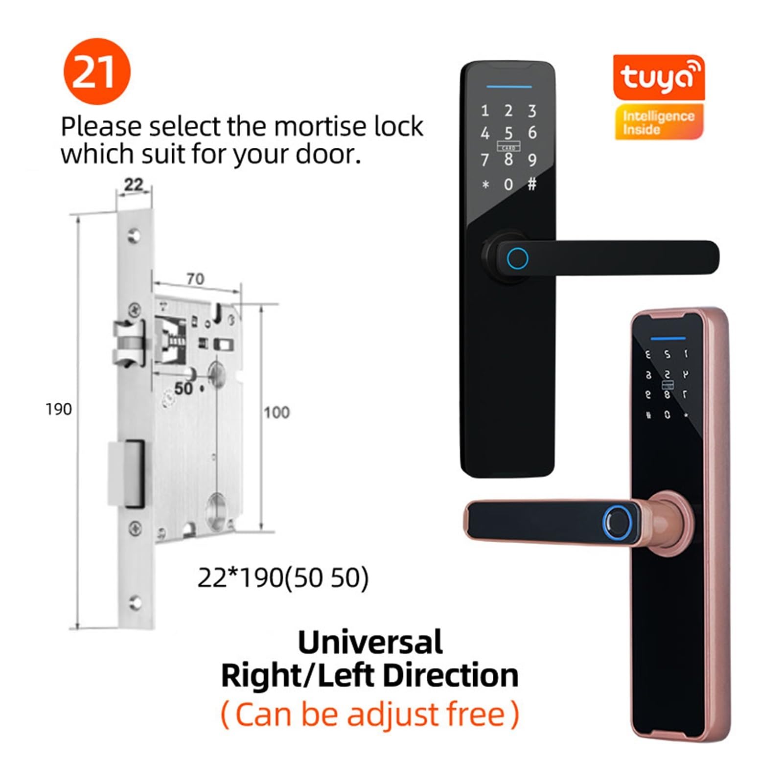 Serratura Smart, Tuya Bluethooth biometrico Impronte digitali Serratura Elettronica RFID Card sblocco remoto Smart Door Lock,Smart Lock Facile da Installare(190 5050,Red Bronze)