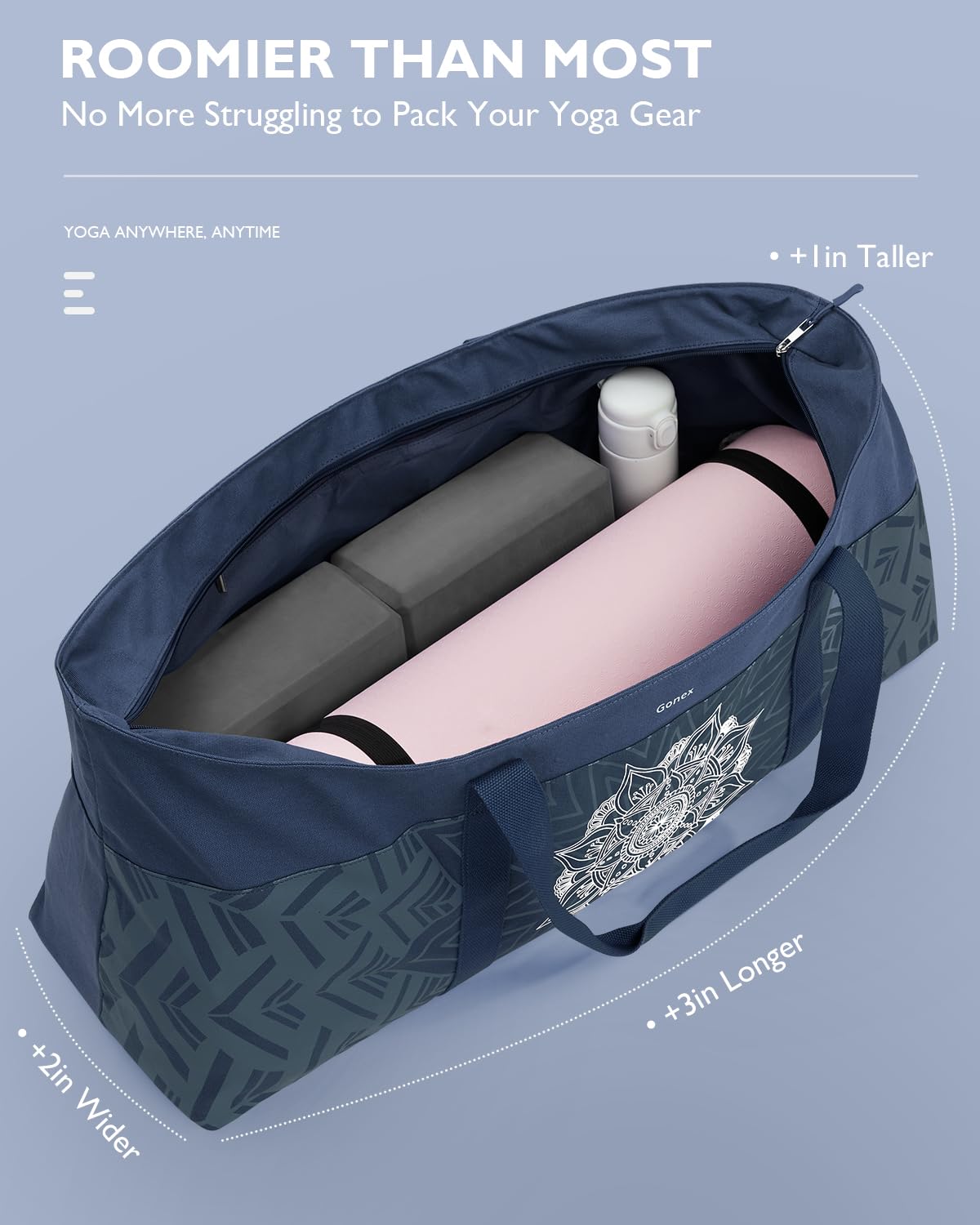 Gonex Yogatasche, Extra Große Canvas Sporttasche mit Wasserdichtem Fach & Metallreißverschluss, Für Matte & Blöcke, Stylische Tragetasche für Damen, Ideal für Yoga, Pilates, Reisen