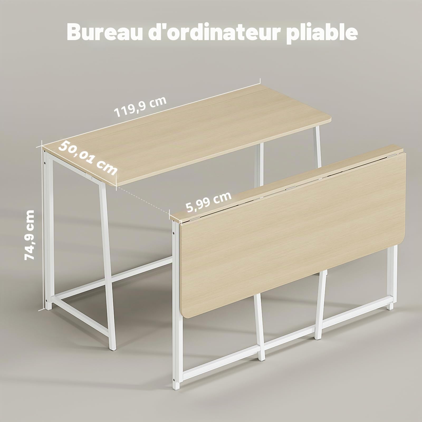 WOHOMO Petit Bureau Pliable de 120 cm pour Les Petits espaces, Table d'ordinateur, Station de Travail d'écriture pour Bureau à Domicile, Assemblage Facile, Beige