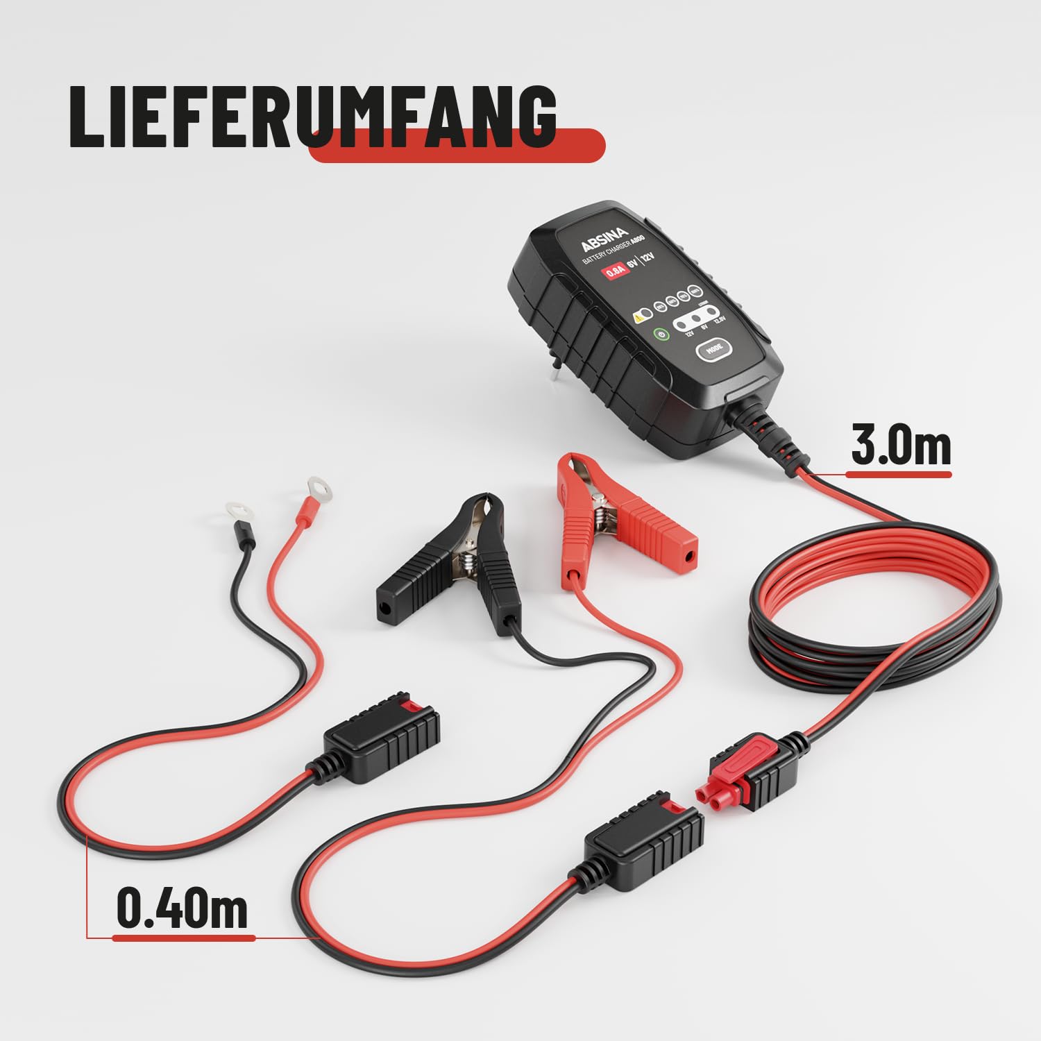 ABSINA Roller & Motorrad Batterieladegerät vollautomatisch mit 800mA - AGM Ladegerät 6V & 12V Blei Batterie bis 26Ah / 12,8V Lithium bis 15Ah - Ladegerät Motorradbatterie mit 3,4m Kabel
