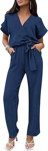 PRETTYGARDEN Women's Summer One Piece Jumpsuits Belted Short Sleeve Wrap V Neck Fashion Dressy Casual Wide Leg Pants Romper
