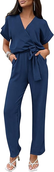 PRETTYGARDEN Women's Summer One Piece Jumpsuits Belted Short Sleeve Wrap V Neck Fashion Dressy Casual Wide Leg Pants Romper