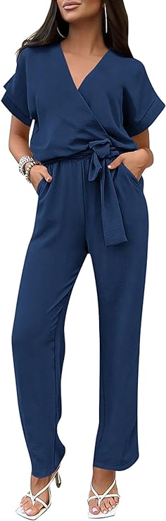 PRETTYGARDEN Women's Summer One Piece Jumpsuits Belted Short Sleeve Wrap V Neck Fashion Dressy Casual Wide Leg Pants Romper