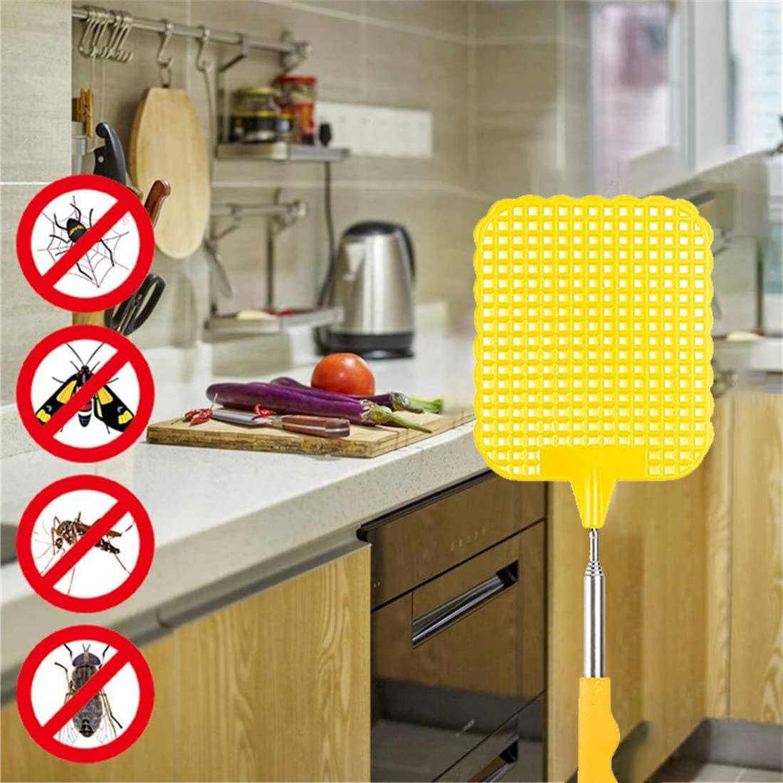 3 Pièces Tapette à Mouches Manuelle Extensible en Plastique Prévenir Pest Durable Moustique Outil en Acier Inoxydable (Multicolore A)