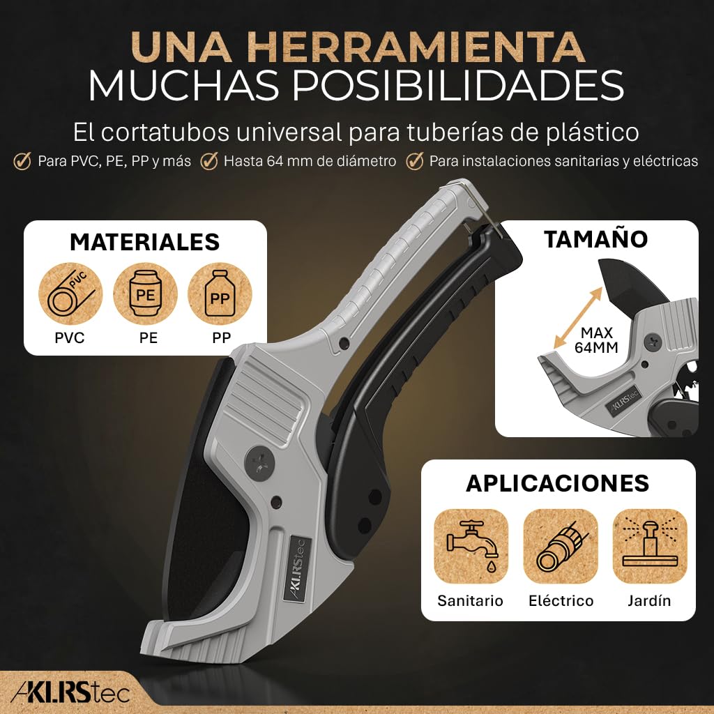 KLRStec Juego de cortador de tubos de PVC profesional ProSlice 6400 (64 mm/2-1/2") Cortador Profesional con Carraca para PVC, PE, PP – Incluye Cuchilla de Repuesto y Funda Nylon con Clip