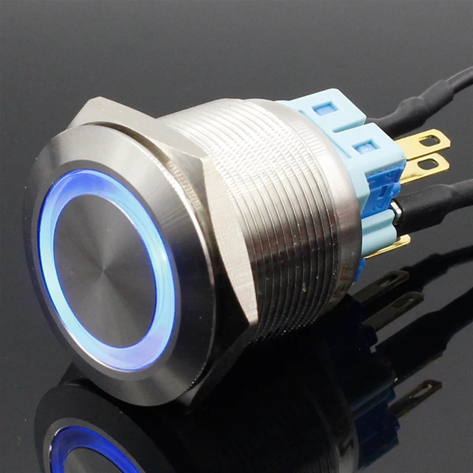 25 mm, 6 V, 12 V, niebieski pierścień LED, światło Momentary/Locking Push Button włącznik DPST metal przemysłowe łódź samochód DIY przełącznik 1 szt. (żółty, blokujący, 12 V)