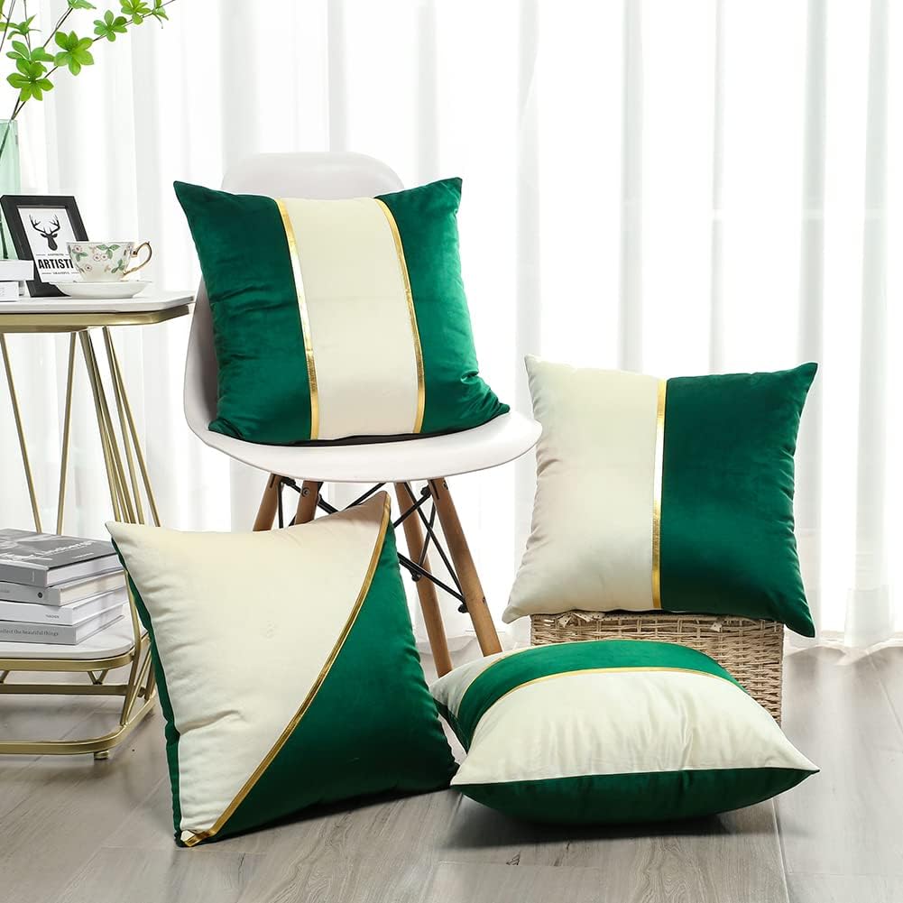 OTOSTAR Set of 4 Soft Velvet Throw Pillow Covers 18x18 Inch Modern Decorative Pillow Covers Gold Leather Striped Square Luxury Pillowcase Cushion Case for Couch Living Room Bed Sofa Home Decor (Green)