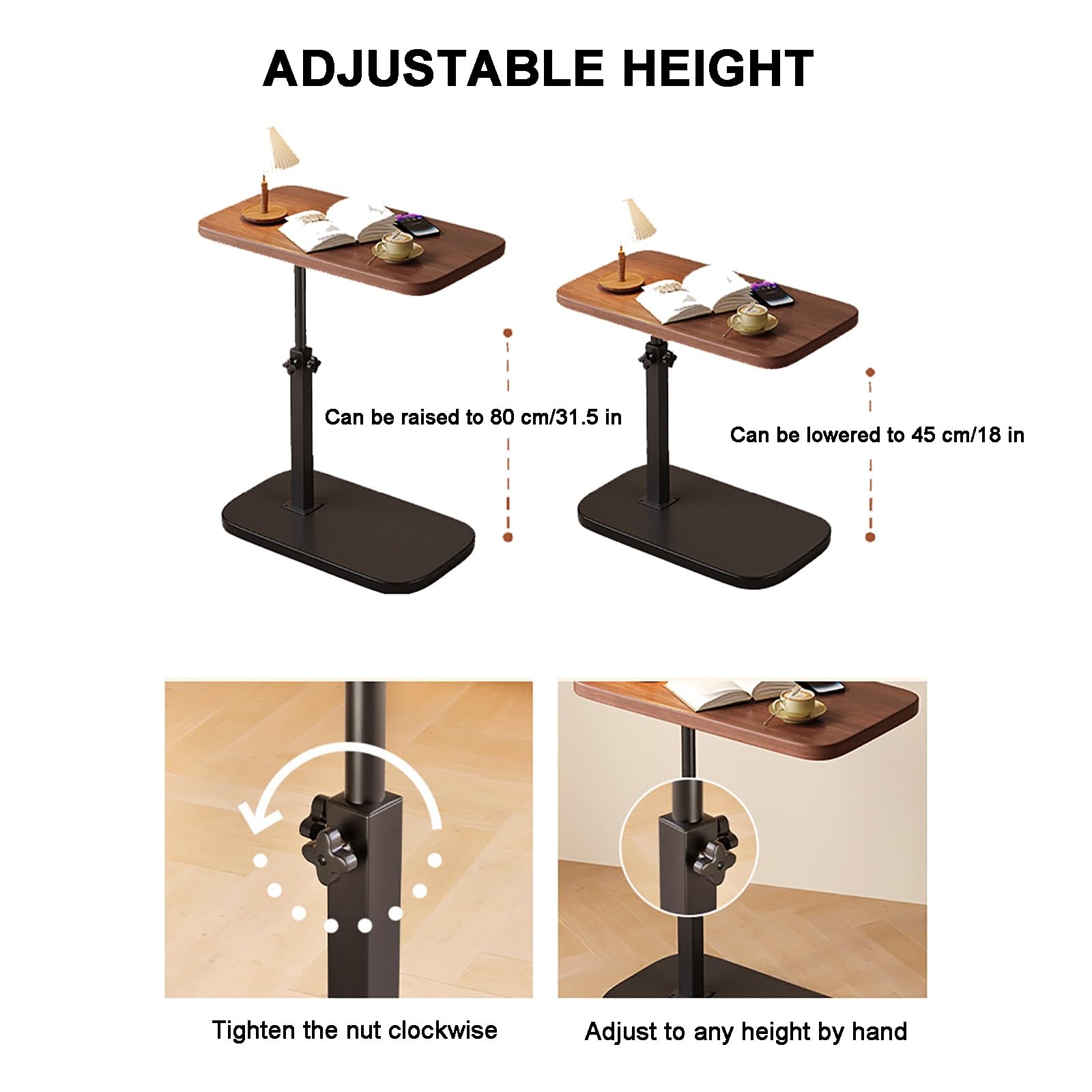 Mesitas Auxiliares Pequeñas en Forma de C de Altura Ajustable, Mesa Auxiliar Sofa Giratorias de 360°, Mesa Auxiliar Cama para Sala de Estar y Dormitorio para Sofá, Cama, Silla, Refrigerio(Brown)