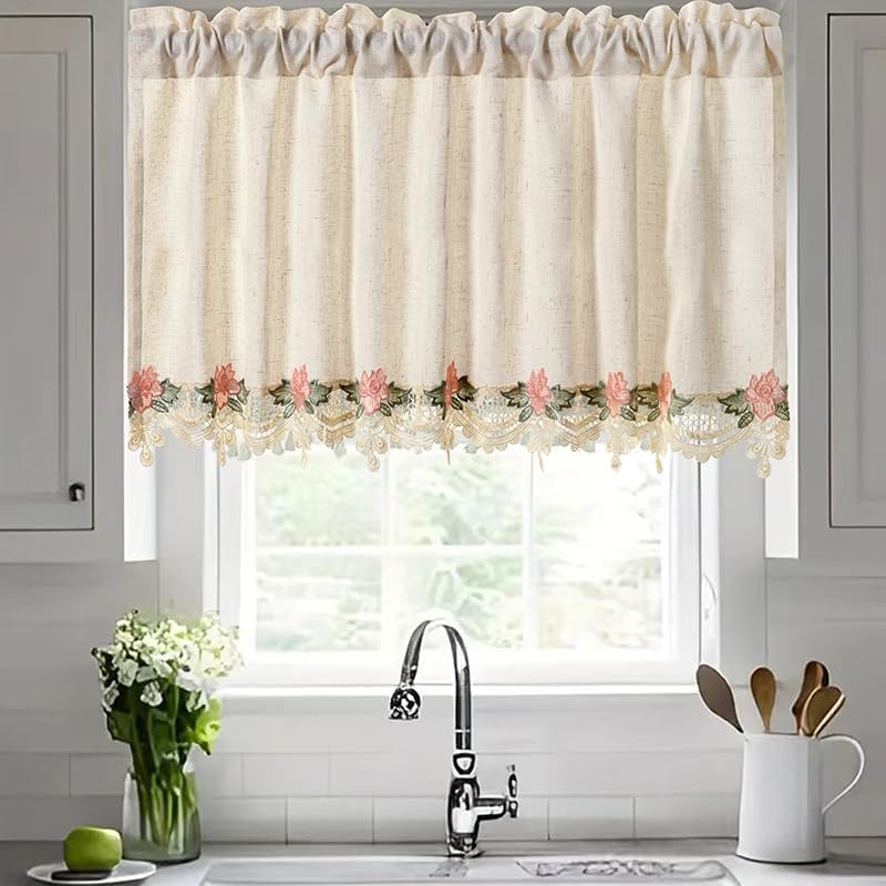Floral Embroidered Lace Curtain Valance, 52"x24" Rod Pocket Window Valance for Kitchen Bedroom Farmhouse Decor