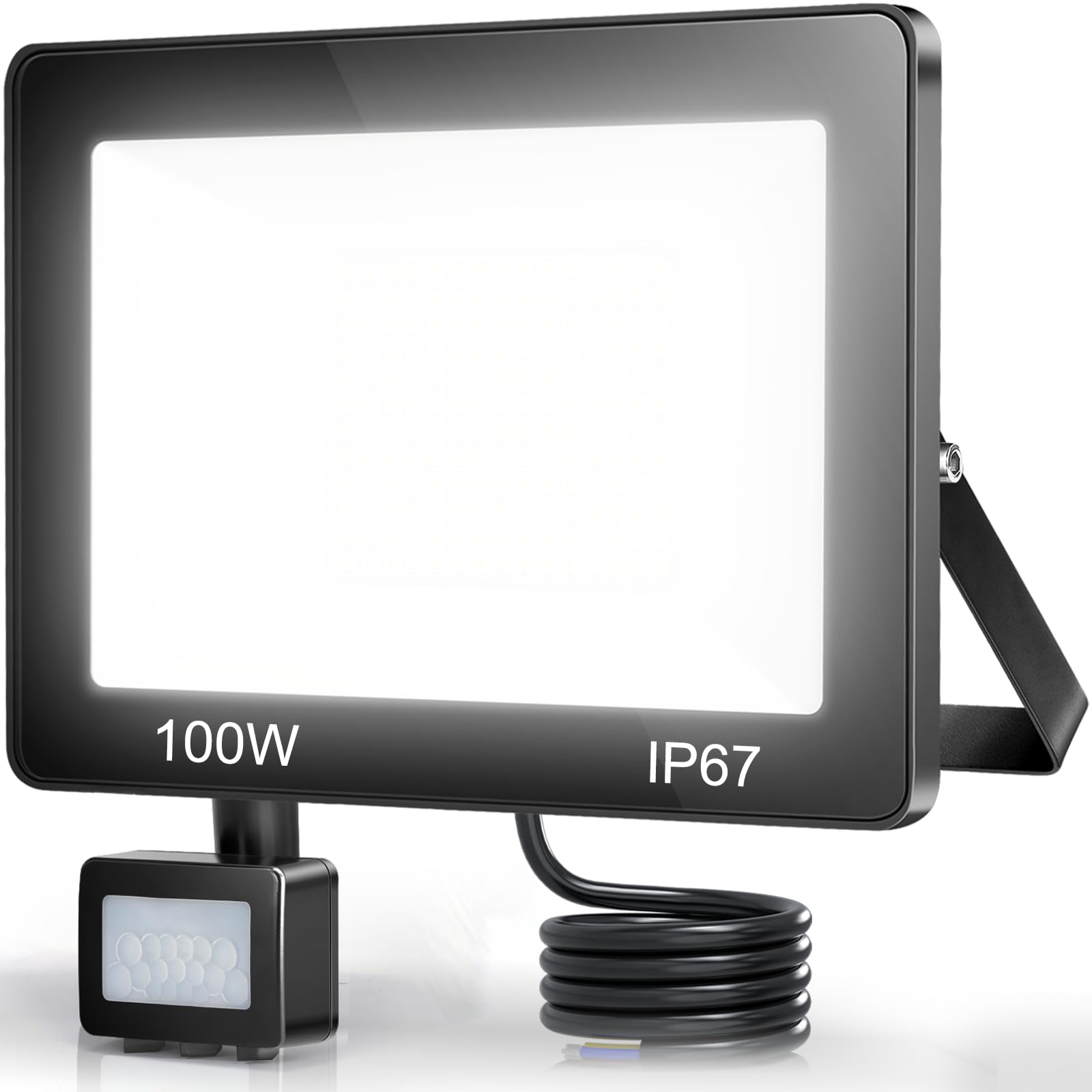 Foco LED con Sensor de Movimiento 100W, 10000LM 7000K Focos LED Exterior, IP67 Impermeable Luz LED con Sensor de Movimiento, 180 LEDs Luces Led Exterior para Jardin, Terraza, Garaje, Entrada