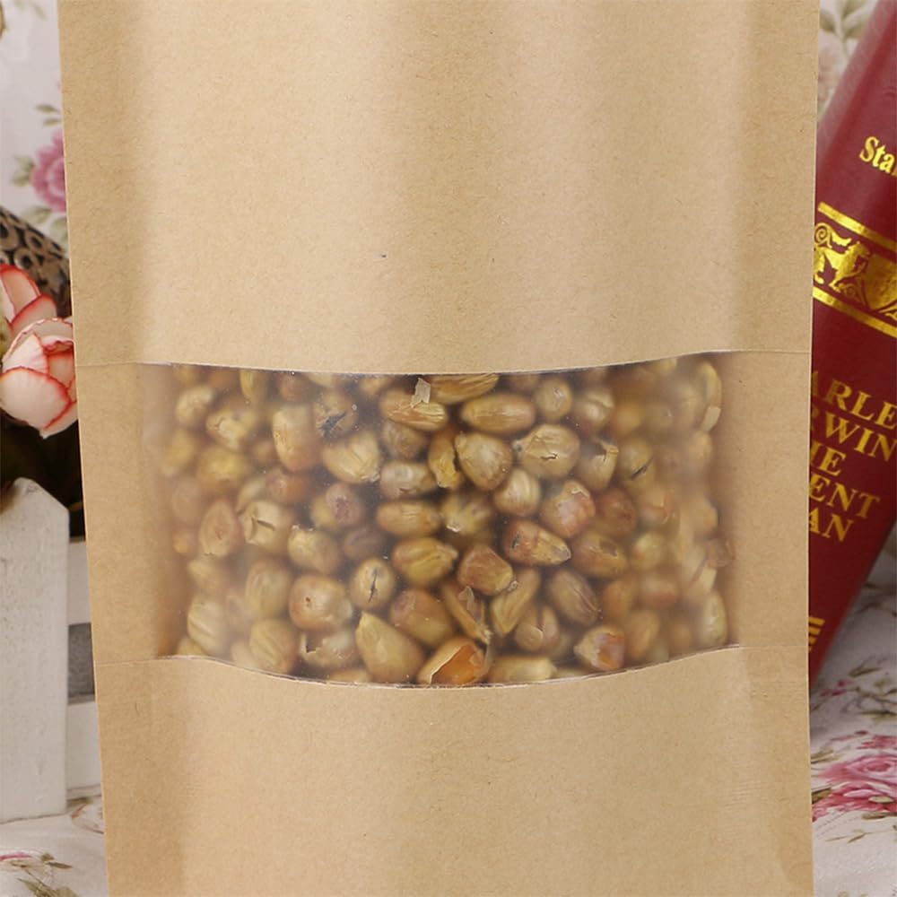 100 szt./partia Stand Up Kraft Paper Pouches With Windows Snack Food Ziplock Bags Nuts Sealed Food Packaging Bags With Tear Notch (przezroczyste okno, 16 x 22 cm)