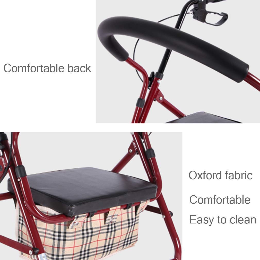 Chodzik Rollator z siedziskiem, składany chodzik, 4-kołowe pomoce do chodzenia, podwójny układ hamulcowy, używany do chodzenia seniorów, czerwony Interesting