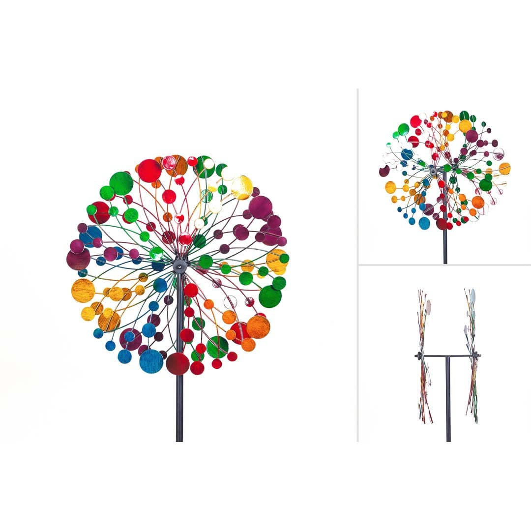 Windspiel Metall Multi-Colored Kaleidoscope Duett, Ø39 x H122 cm (inkl. Bodenanker), mit Zwei Rotoren für die 3D-Optik, hochwertig Bunte magische Windspiele für den Garten draußen stehend