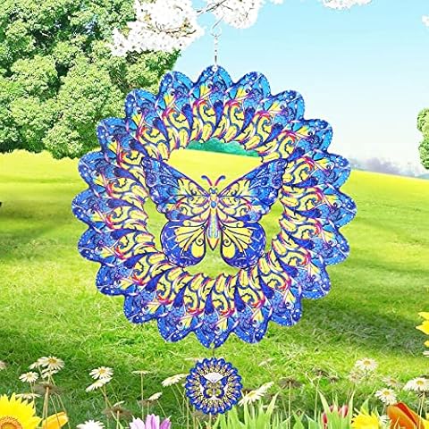 Butterfly Wind Spinner Hanging, 3D Metal Wind Spinners for Yard and Garden, 12in Blue Kinetic Outdoor Spinner Decoration, Large Spinfinity Wind Sculptures Ornament, Colorful Wind Catcher Patio Art Cover