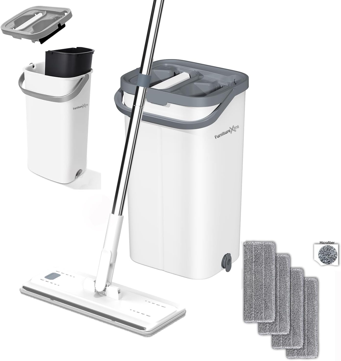 Mop and Bucket Set. Microfibre Flat Mop for Wet & Dry with Stainless Steel Handle, Twin Chamber Bucket Suitable for All Floor