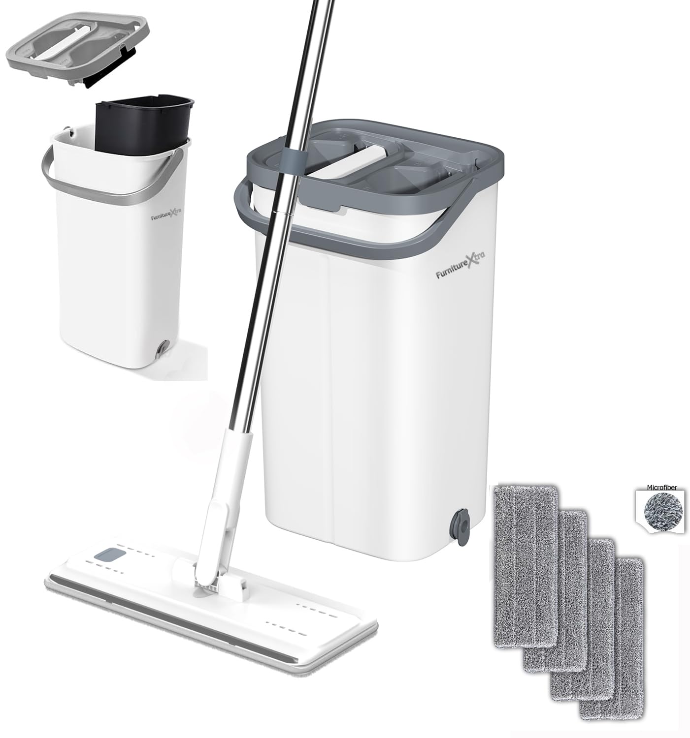 Ensemble serpillère et Seau en Microfibre avec Manche en Acier Inoxydable, Seau à Deux Compartiments pour Tous Les sols