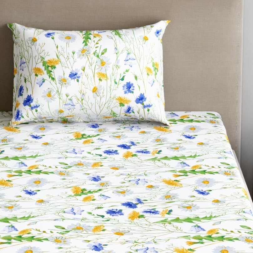 Image of Dreamscape 100% Cotton Bedsheet for Single Bed, 186 TC, 1 Bed Sheet (Size 59 x 87 inches) with 1 Pillow Cover - Blue