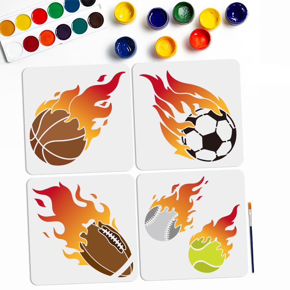 MAYJOYDIY 4pcs Basketball Football Flames Stencils 11.8×11.8inch Sport Ball Theme Painting Stencil with Paint Brush Reusable Tennis and Rugby Stencils Template for Crafts Wood Wall Fabric Paper