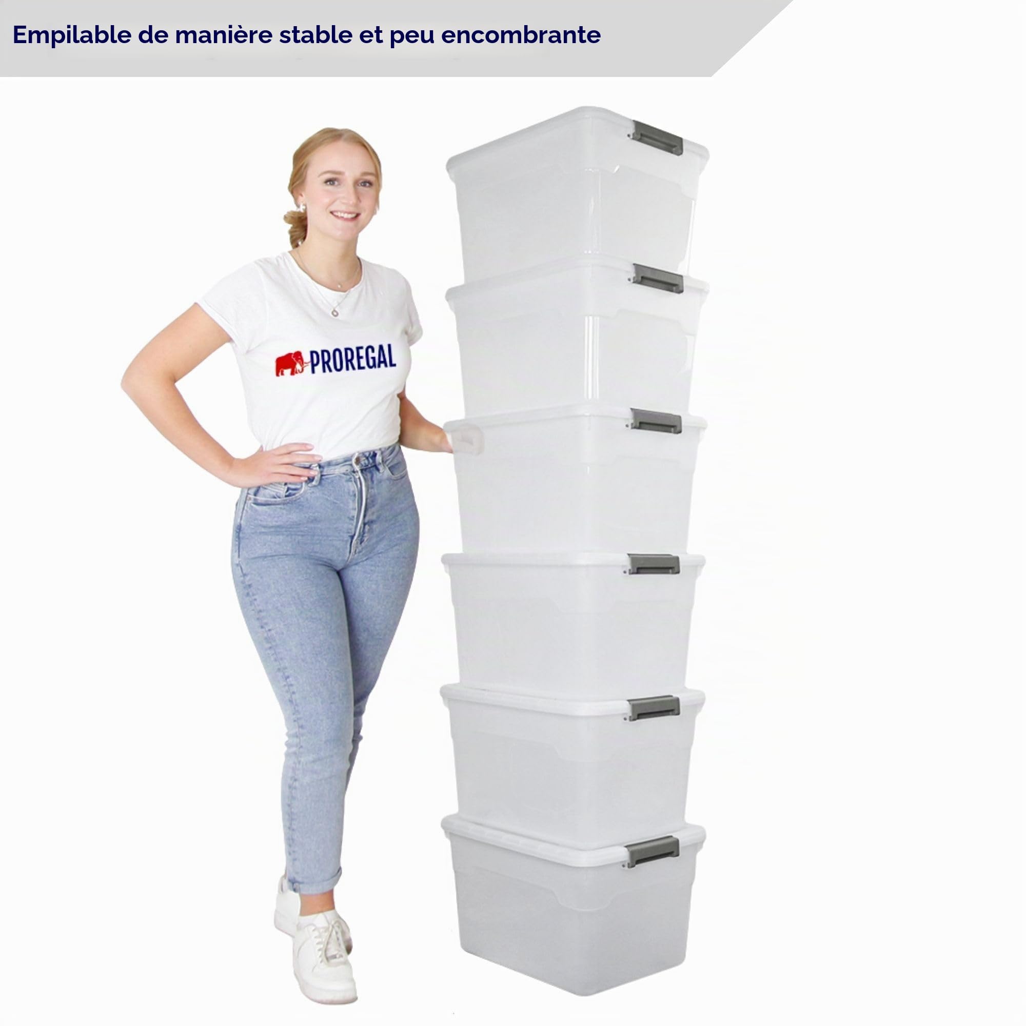 PROREGAL Boîte de rangement avec couvercle 45L en lot de 6, grande, roulettes, en plastique transparente empilable, clips de fermeture, conteneur de stockage pour la cuisine et le ménage