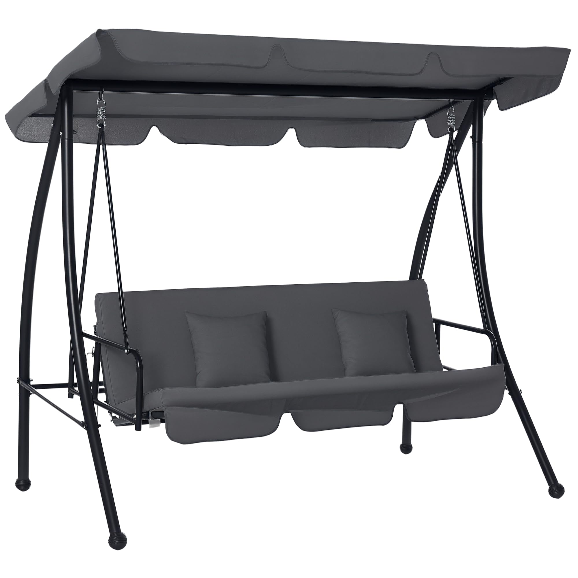 Outsunny Outdoor 3 Seater Garden Swing Chair, 2-in-1 Convertible Outdoor Hammock Bench Chair With Adjustable Tilt Canopy and Cushion, Patio Swing Seat Bed, Dark Grey