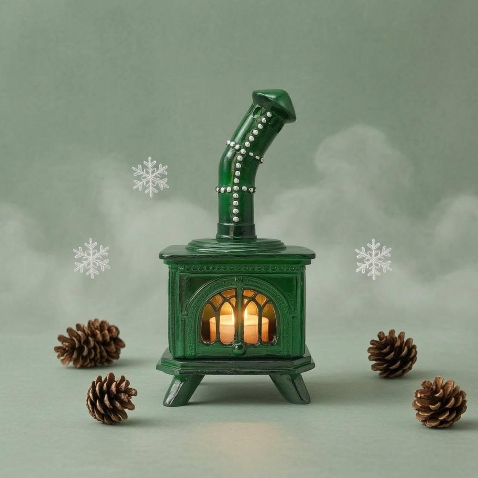 Porta Candele Supporto Ornamento Resina Stufa Vecchio Stile con Candela LED Tremolante Senza Fiamme Perfetto per Decorazione Invernale