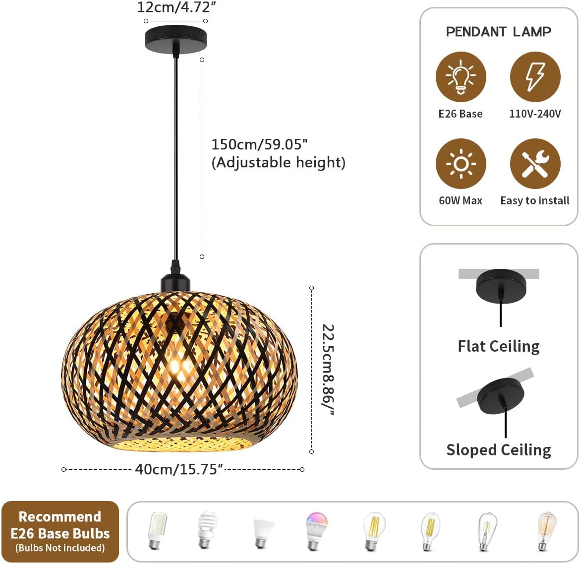 Island Pendant Light Black Natural Hand-Woven Bamboo Pendant Lights 1-Light Boho Light Fixtures Farmhouse Rustic Hanging Lamp for Living Room Dining Room Bedroom