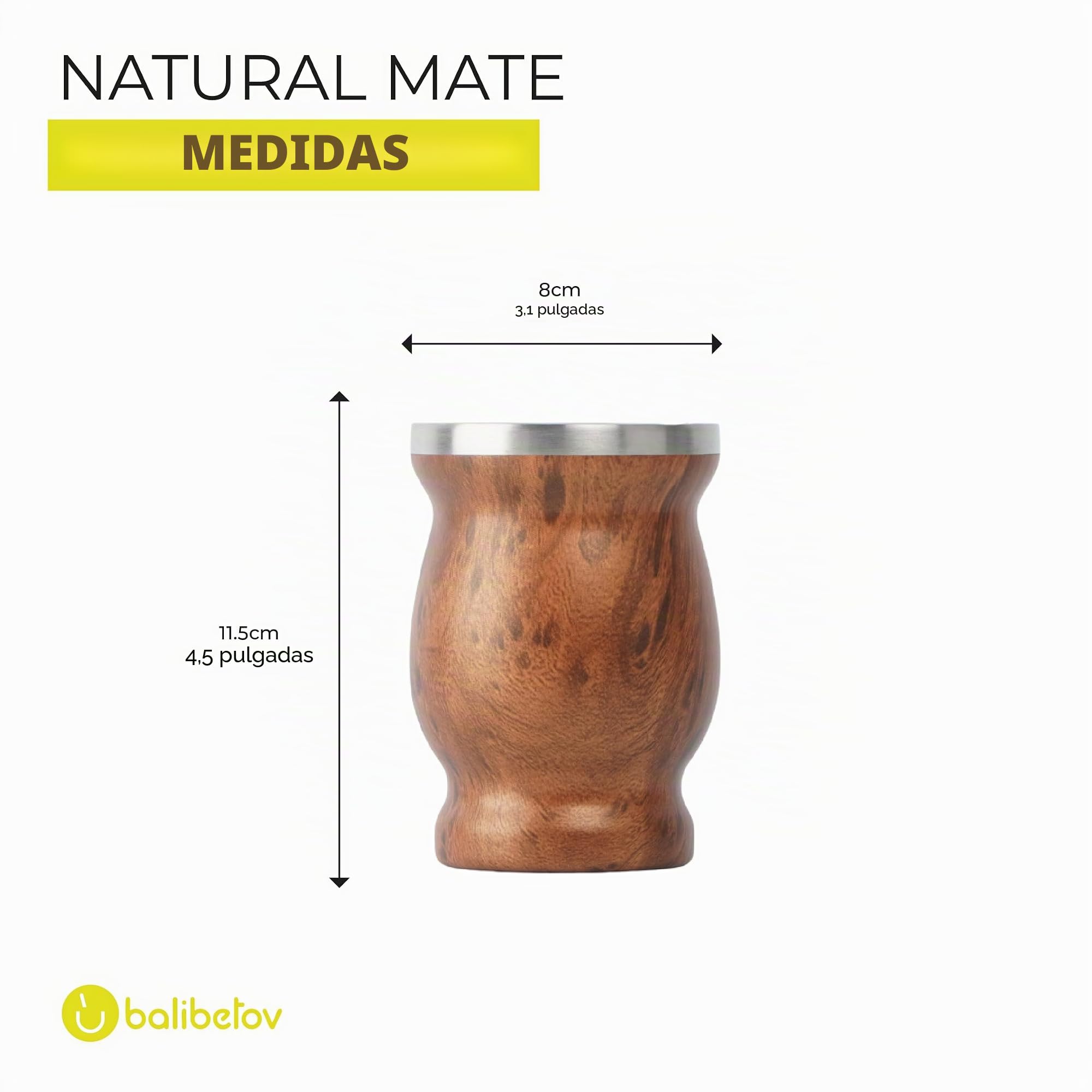 balibetov Mate Argentino - Kit Vaso para Mate de Doble Pared de Acero Inoxidable, Dos Bombillas y cepillo para Limpiar la Bombilla, resistente y elegante (Madera)