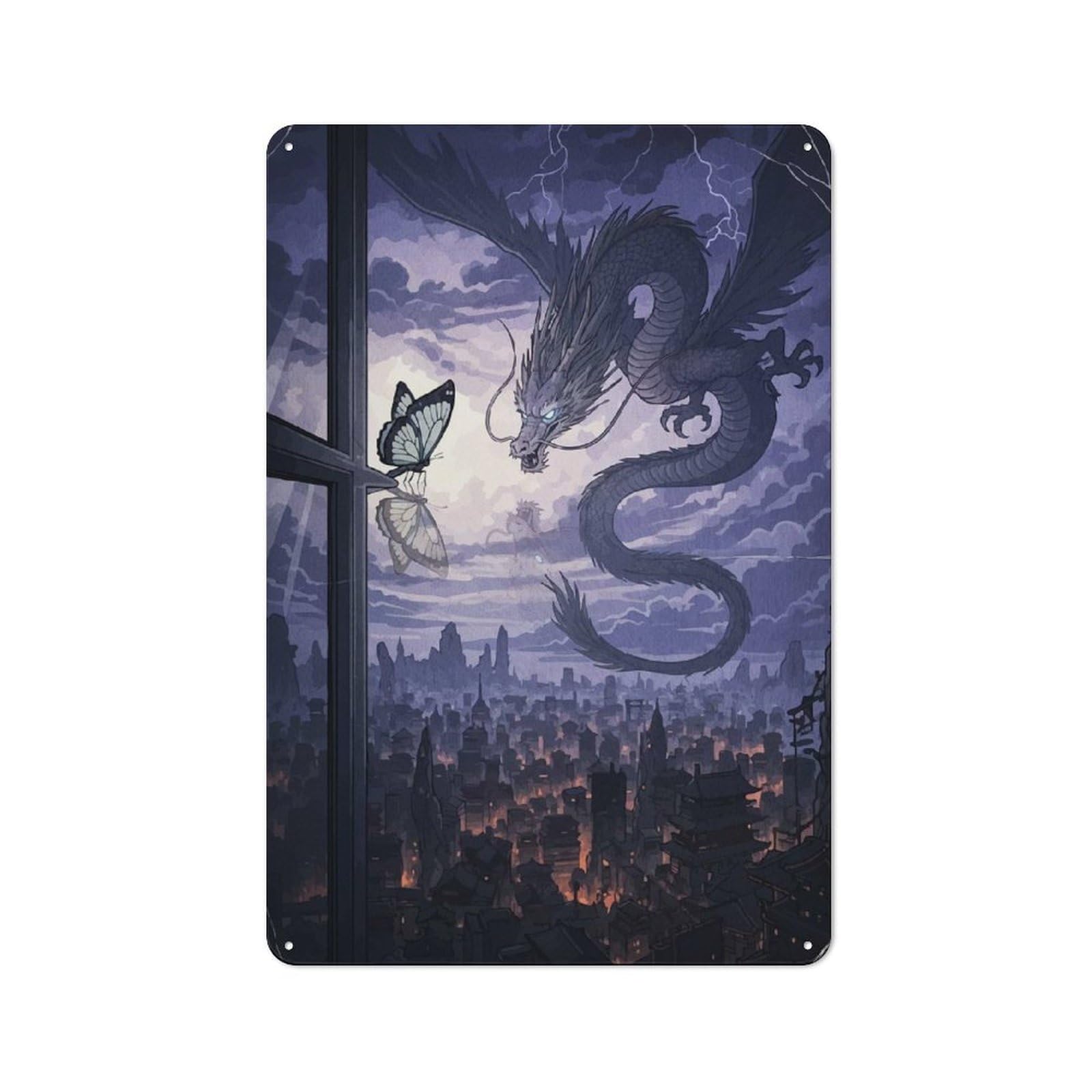 Junmoney Dragon Butterfly Cityscape Night Decorative Metal Plaque 30X20cm, Garage Style Shed Wall Plaque For Workshop, Basement, Shed Or Games Room