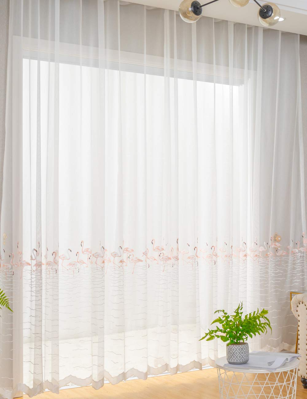 Lactraum - Tenda per cameretta Bambina, in Voile con Ricamo in Stile Fenicottero, Colore: Bianco Trasparente, Rosa Flamingo mit Ösen, 300 x 245 cm