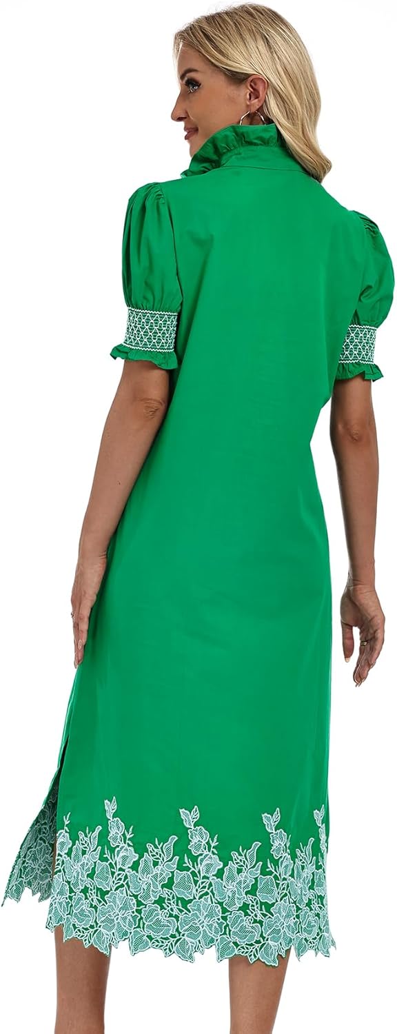 Women's Button Down Shirt Dress Floral Embroidery Short Sleeve Fall Winter Casual Side Slits Long Dresses - Image 5