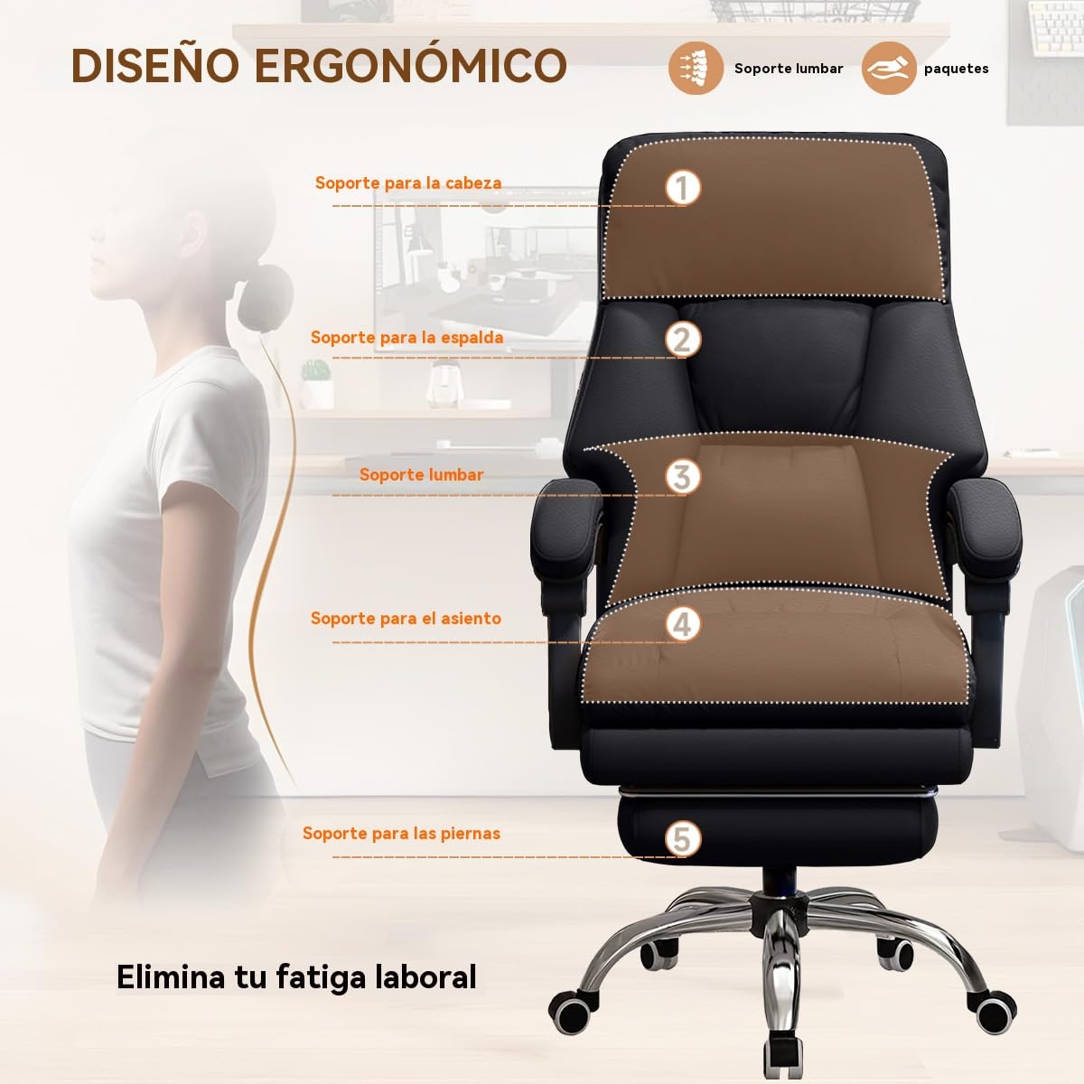 Silla de Oficina con Reposapiés, Silla de Oficina Ejecutiva de Respaldo Alto de Cuero con Ruedas, Sillas de Escritorio Ergonómicas con Soporte Lumbar para Oficina en Casa
