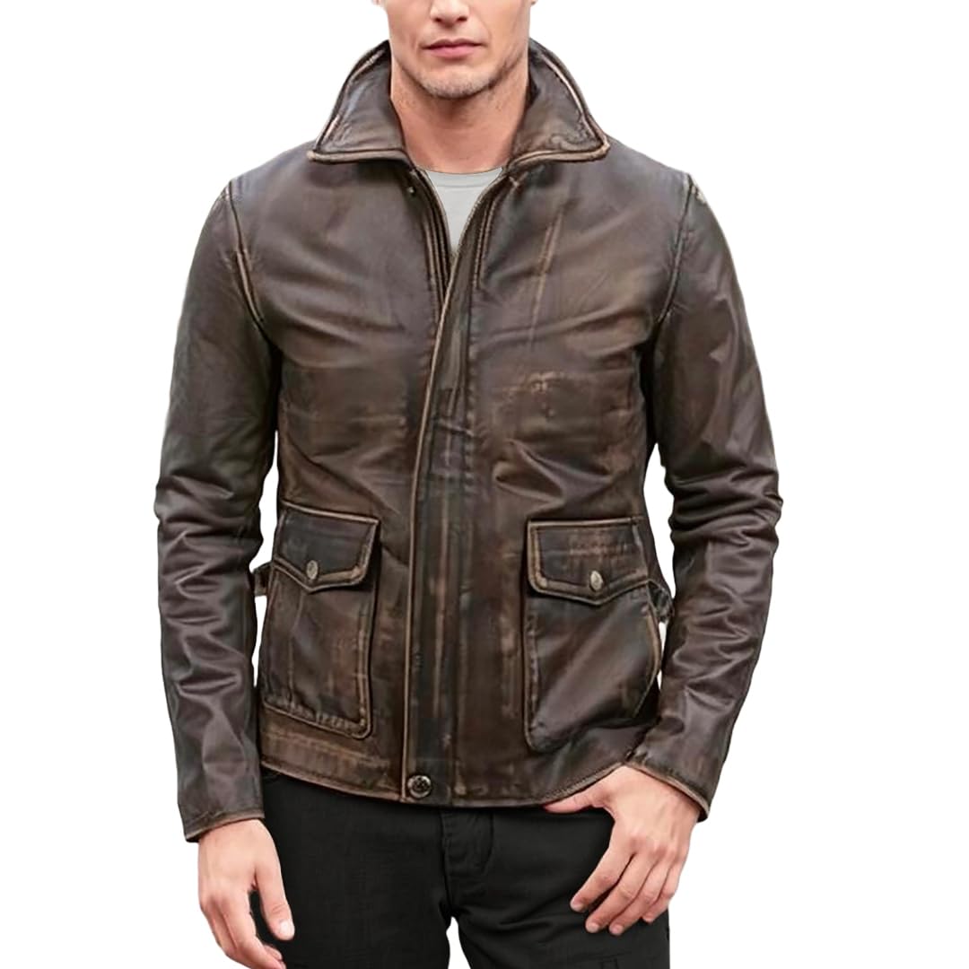 Prime-Fashion Vintage Brown Bomber Leather Jacket
