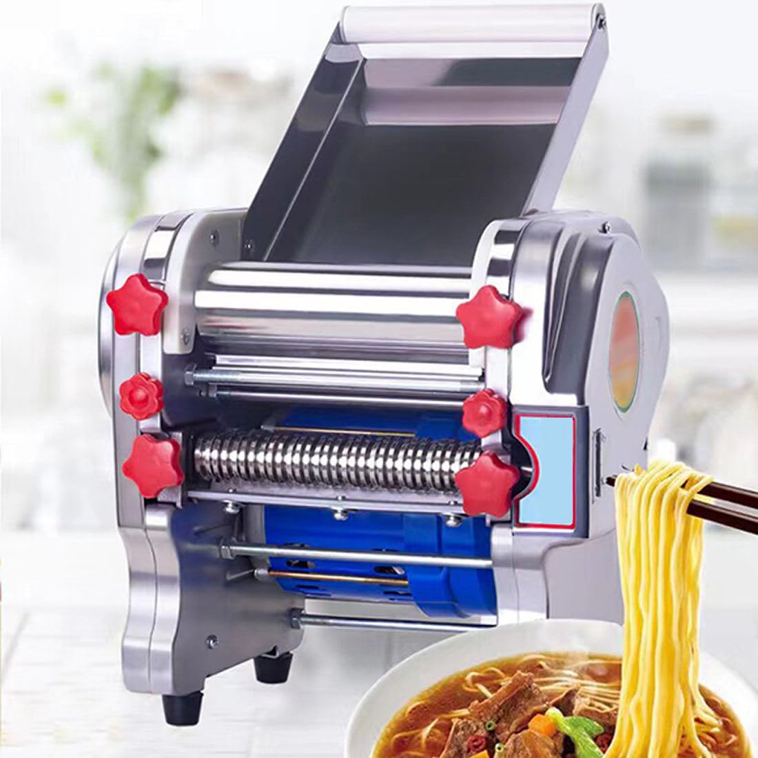 Máquina para hacer pasta de acero inoxidable, rodillo eléctrico de 550 W, cortador de masa resistente, laminador de masa para empanadillas, para uso doméstico y en restaurantes.