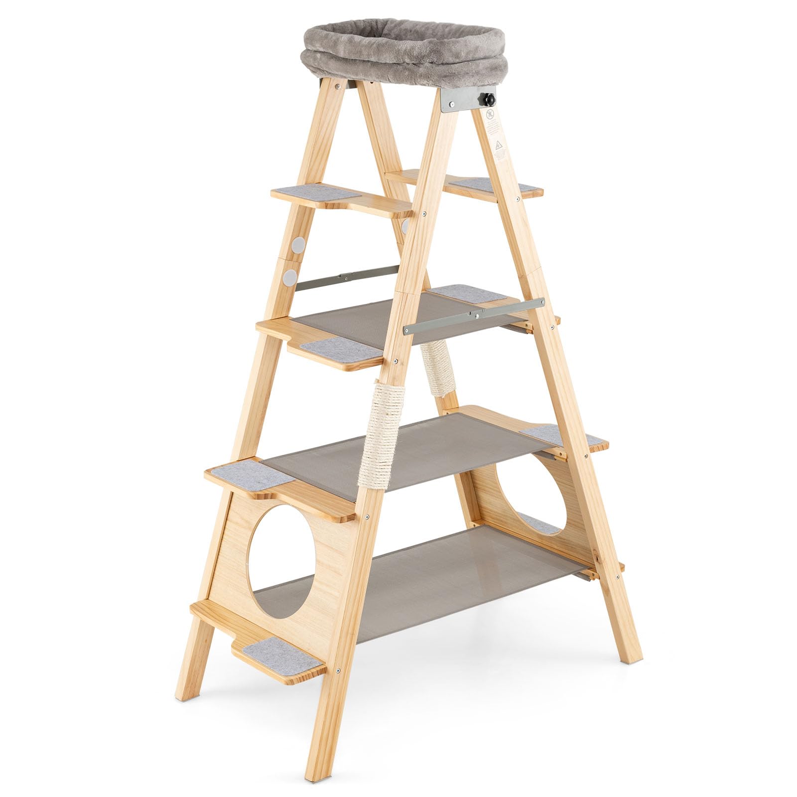 COSTWAY Árbol para Gatos de Madera Maciza, 151 cm, Rascador Gato Plegable con Escalera, Torre Alta para Gatitos de 5 Niveles con Cama, Perchero Tapizado y Poste Rascador de Sisal, Natural y Gris