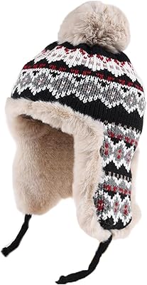 Women Teens Coldproof Knitted Trapper Hat with Thick Faux Fur Lining, Winter Furry Ushanka Bomber Cap Beanie Windproof Warm Cycling Ski Trooper Hunting Hat with Ear Flap Black