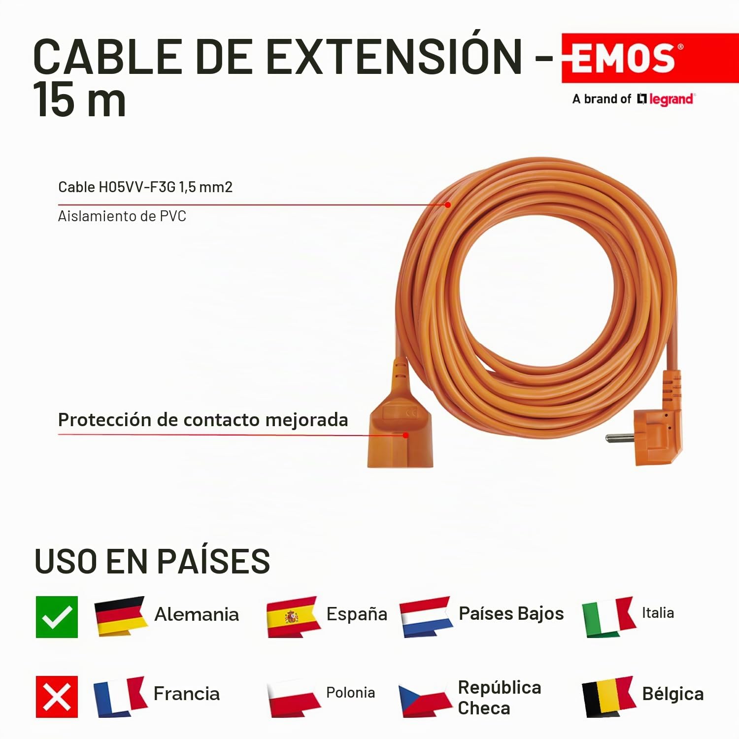 EMOS - Cable alargador IP20 de 15 m - 1 Enchufe Schuko - 230 V, 16 A, 3680 W - Aislamiento de PVC H05VV-F3G 1,5 mm2 - Protección táctil Mejorada - para Uso en Interiores - Naranja