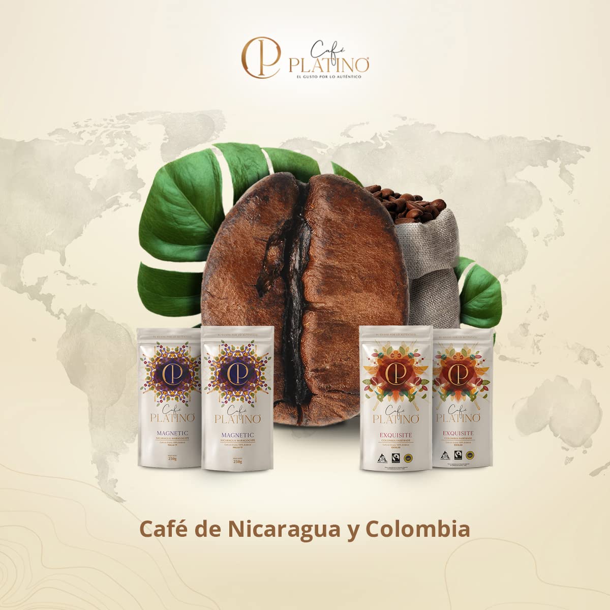 Café Platino - Pack Surtido Cafés de América 4 x 250g - Café en Grano Natural de Colombia Fairtrade y Nicaragua Maragogype - 100% Arábica