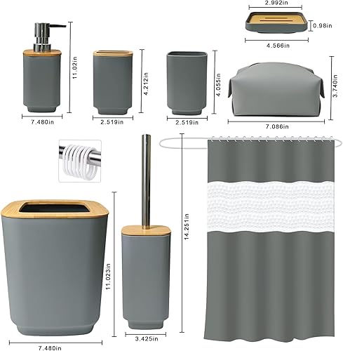 Miniatura 2 de CYCFORCE Juego de 8 accesorios de baño de bambú con cortina de ducha (gris, 8 piezas)