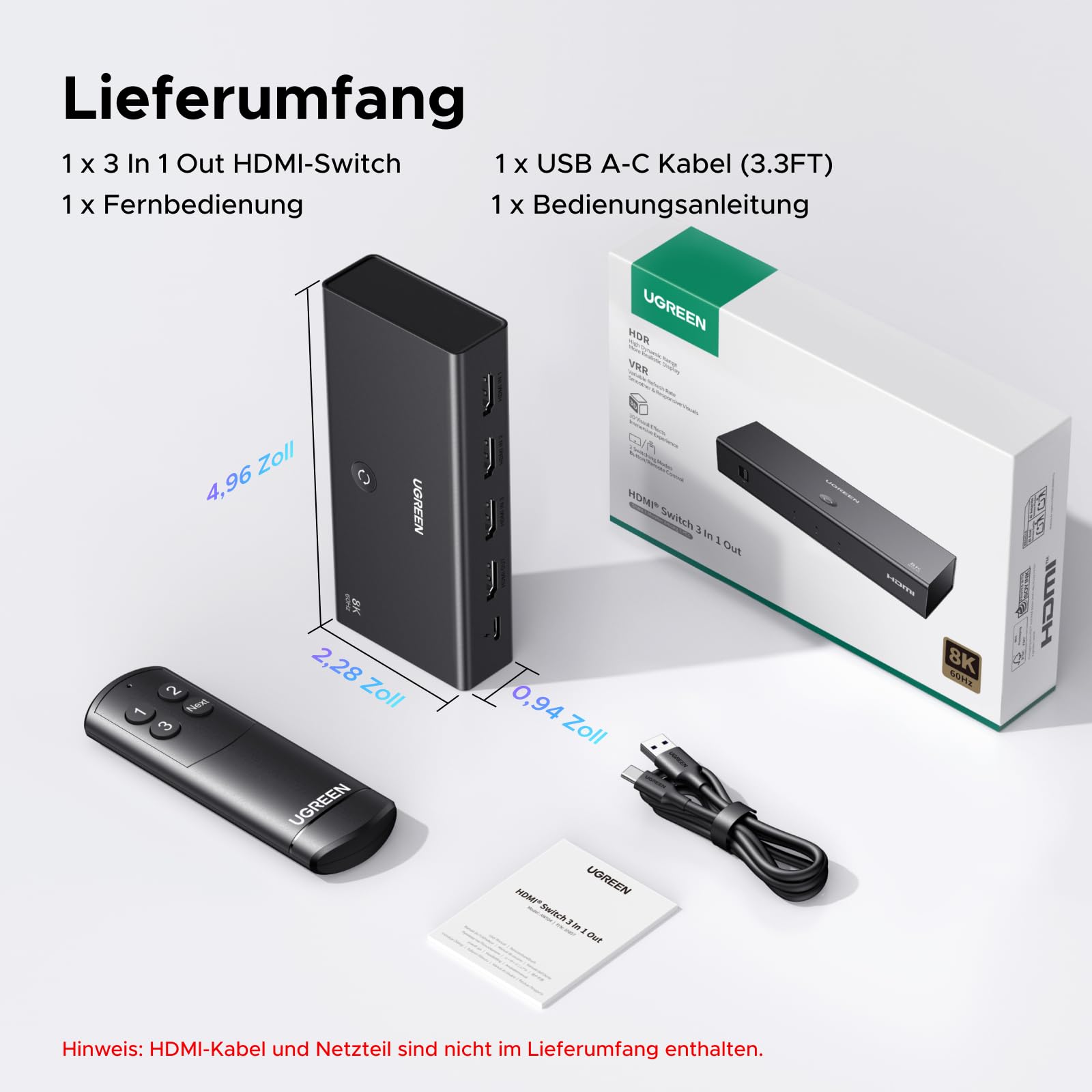 UGREEN 8K@60Hz HDMI 2.1 Switch 3 In 1 Out 4K240Hz/120Hz mit Fernbedienung | HDR10+/CEC/HDCP 2.3 HDMI Umschalter Kompatibel mit PC/Laptop/PC5/PS5/Switch/Xbox/DVD usw.
