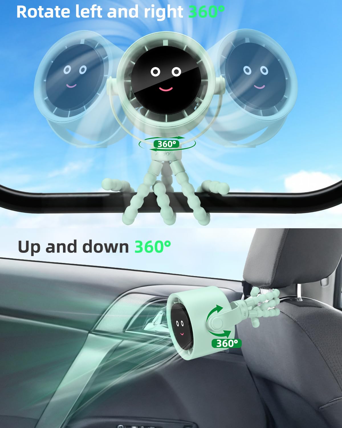 Akejrym Ventilatore per passeggino portatile, ventilatore personale da viaggio, Air Turbo Tech e display digitale, rimovibile a 5 velocità, ricaricabile, rotazione a 360°, treppiede flessibile, per